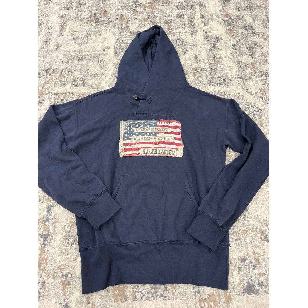 Denim & Supply Ralph Lauren Navy Blue American Flag Patch Hoodie Small Distress